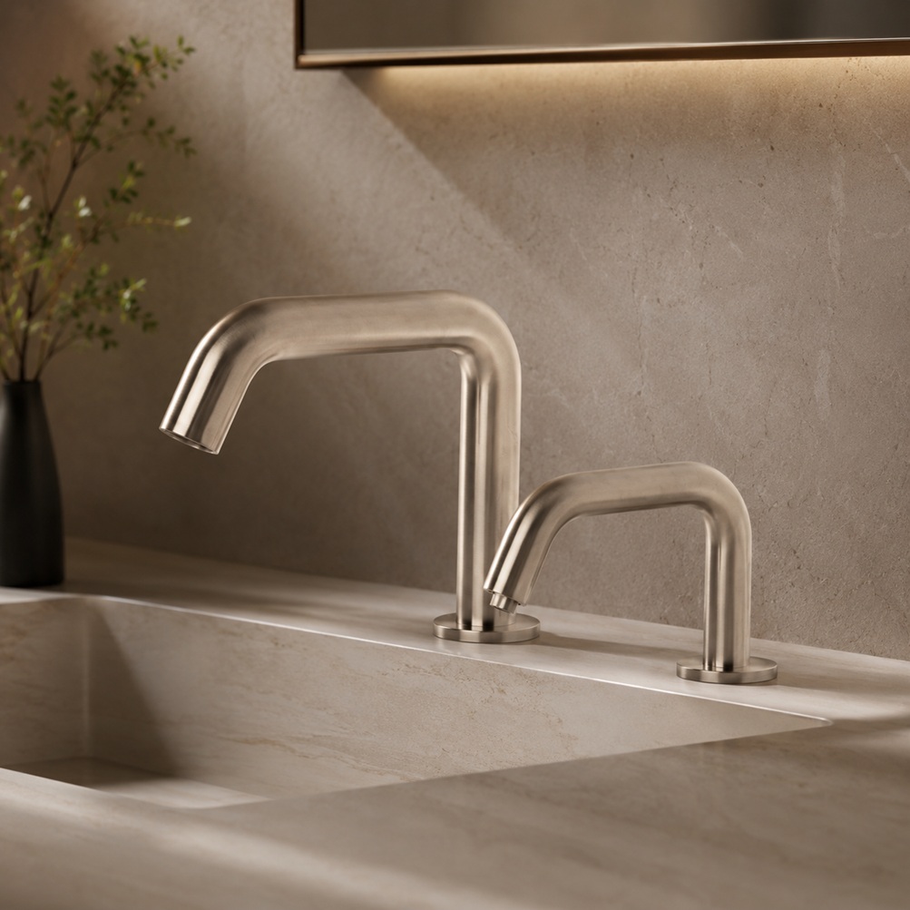 Brushed nickel dual arched faucet and matching soap dispenser model installed on a warm stone bathroom vanity with modern mirror lighting